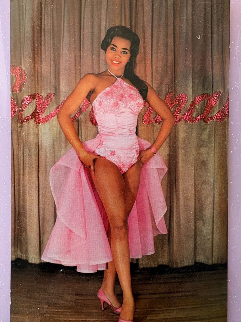 One of my most cherished possessions: an original archived postcard from Jezebelly, an award-winning burlesque and vintage glamour icon, as a thank you for my “art and dedication to Black burlesque history”. This is a 1950s “Savannah Peach” showgirl at Club Savannah in NYC.